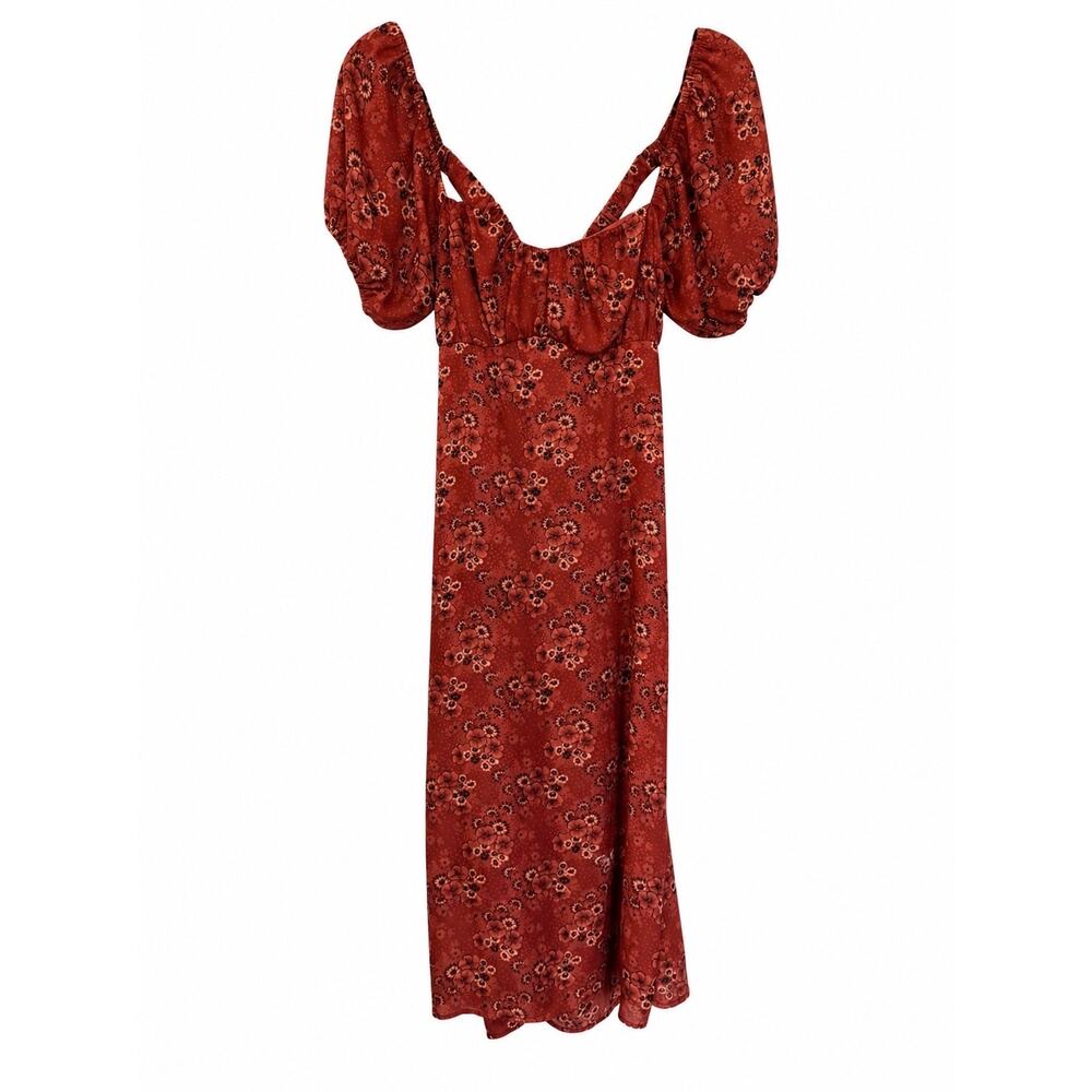 Max+Ash Rust Floral Midi Dress M Puff Sleeve Open Back Cottagecore Boho